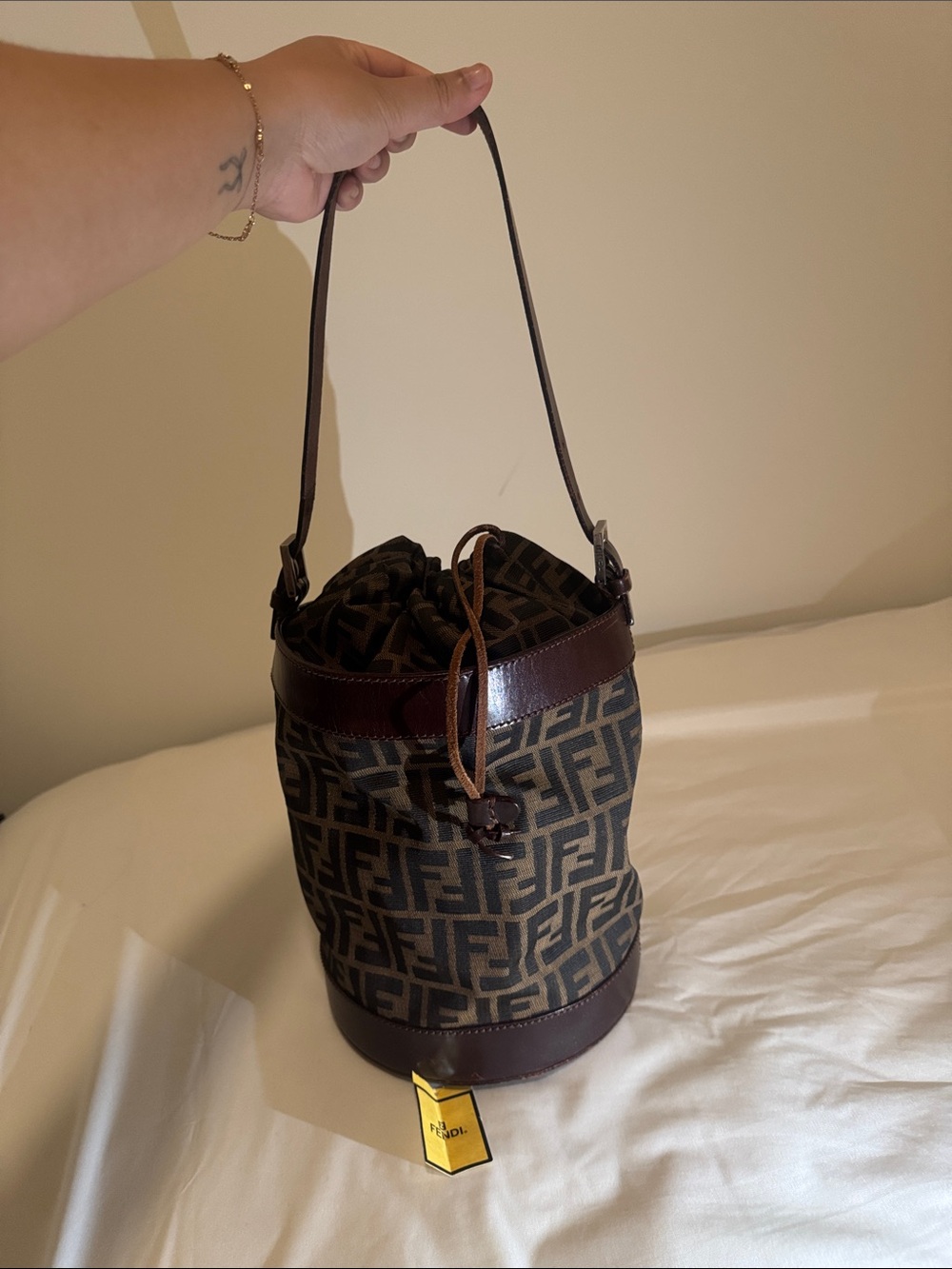 Fendi Zucca Canvas Drawstring Bucket Bag in Brown and Dark Brown
